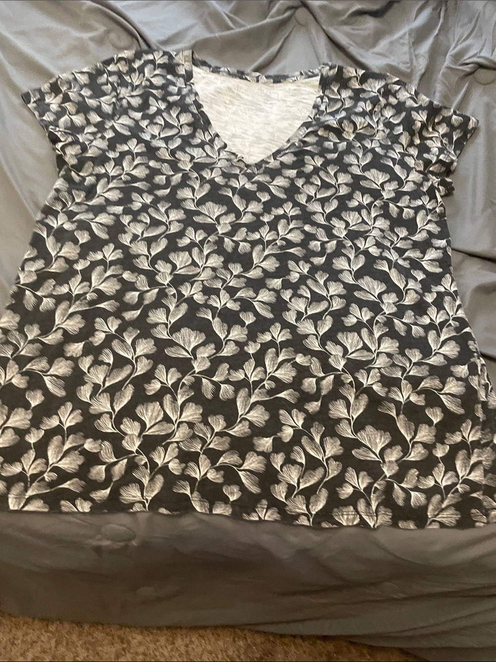 Merona Black Short-Sleeve V-Neck Tee with White Botanical Print